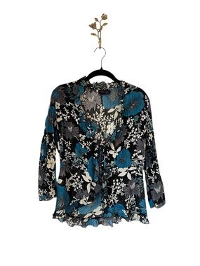 Vintage Y2K Floral Chiffon  Tie Front Top With Ruffles Flare Sleeve Whimsygoth